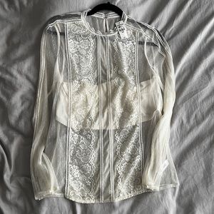 Express Cream Sheer Lace Long Sleeve High Collar Top